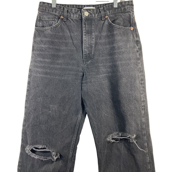 Zara High Waisted Distressed Baggy Wide Leg Full Length Jeans Black Size 12 - Picture 2 of 11